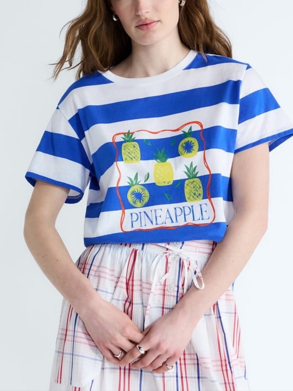 Free Assembly Cropped Boxy Graphic Tee Cotton Pineapple Blue Stripe Womens S-XXL